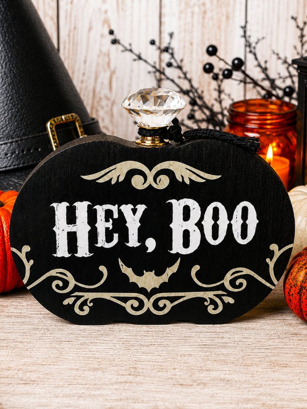 Hey Boo Black Crystal Pumpkin Halloween Glam Wood Block Sign Humor Home Décor